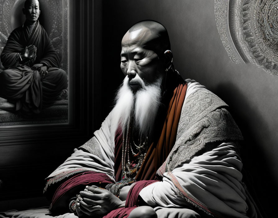 Elderly man in traditional robes meditates in ornate room