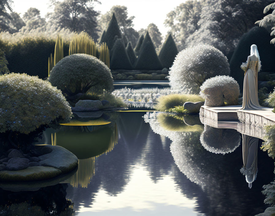 Tranquil garden scene with sculpted bushes, reflective pond, and draped figure on bridge