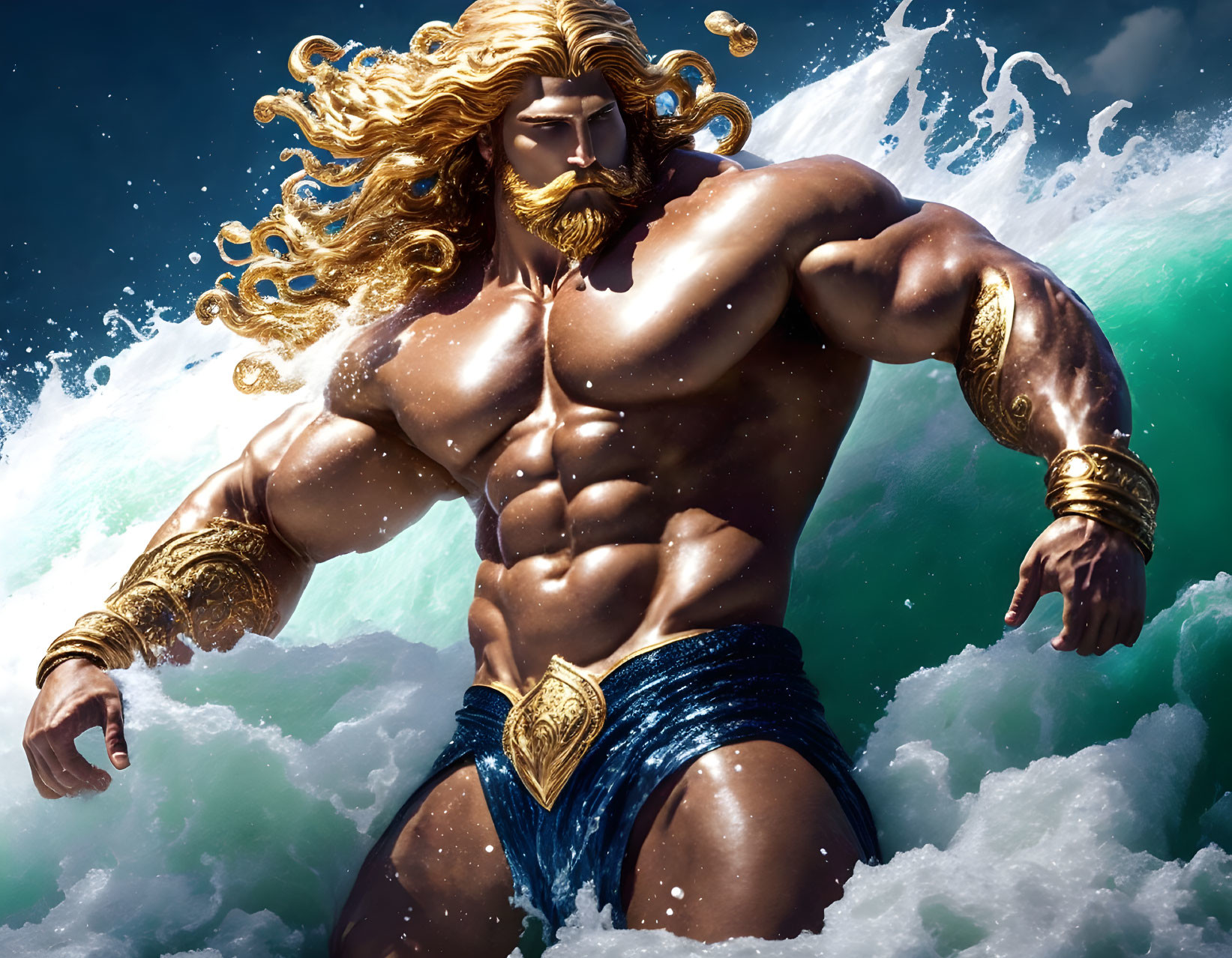 Bearded, Muscled Character with Golden Hair and Bracelets Emerges from Ocean Waves