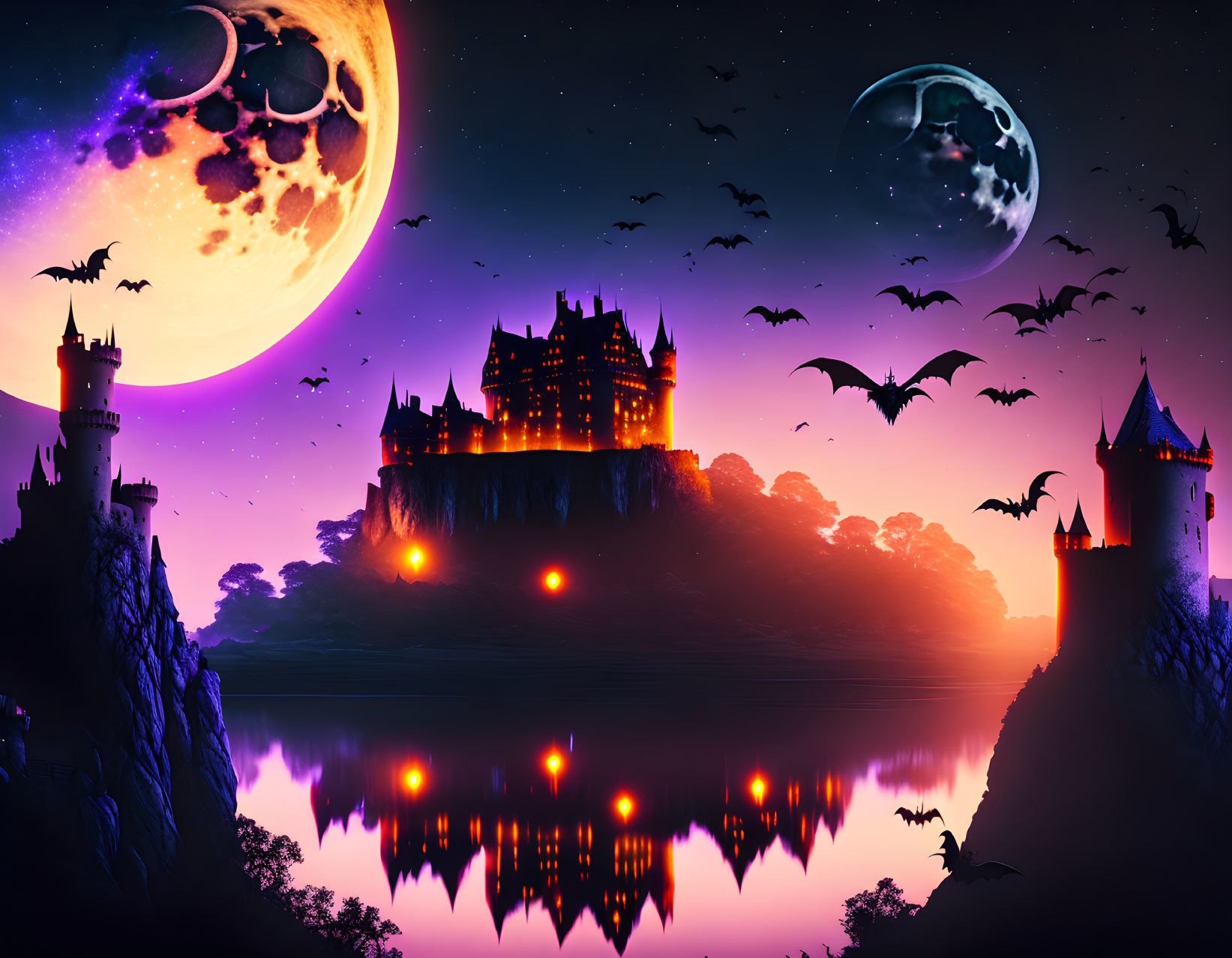 Night Fantasy Scene: Silhouetted Castles, Bats, Dual Moons, Purple Sky