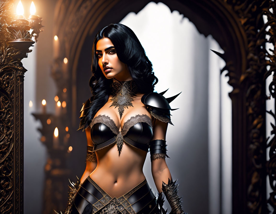 Fantasy armor-clad female character in gothic setting with candles.