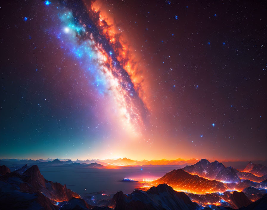 Starry night sky over illuminated mountains and city lights