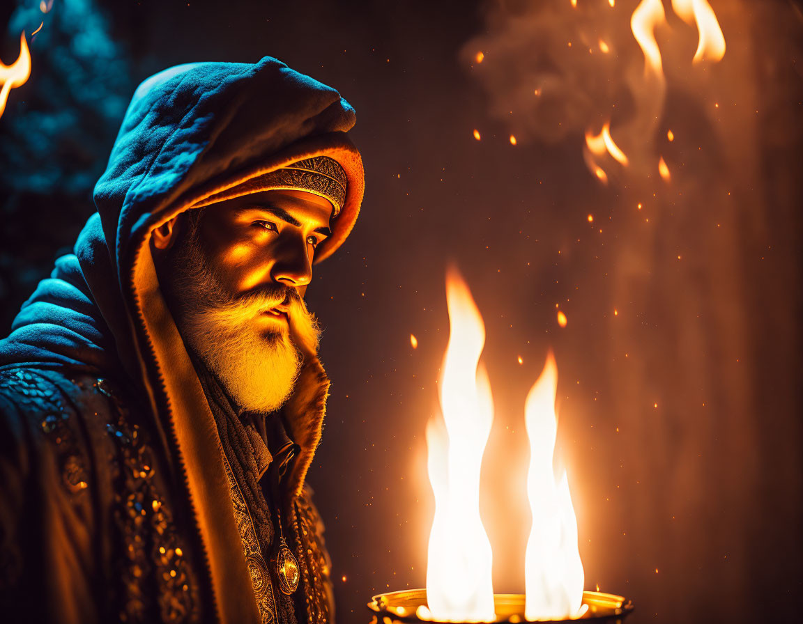 Bearded person in hood gazes with torch in twilight