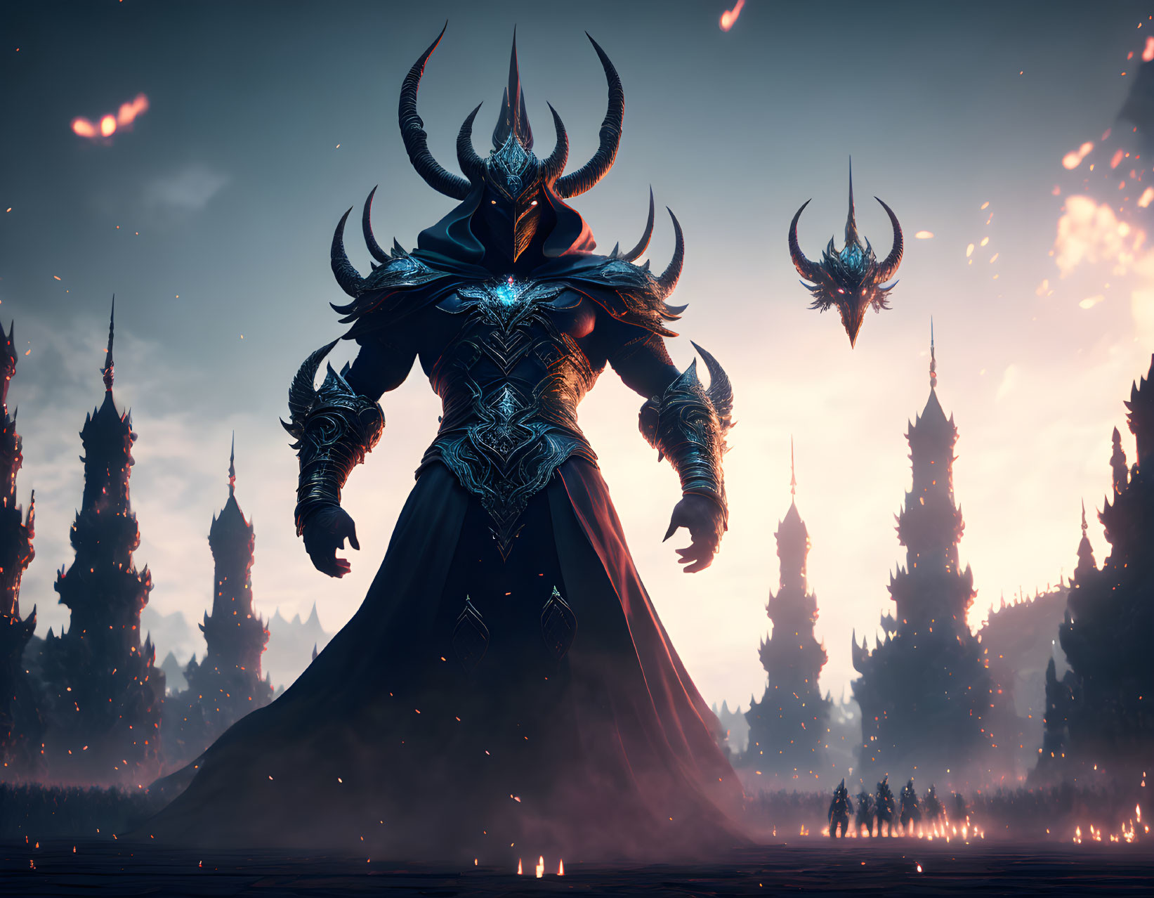 Armored figure with horned helmet in fiery backdrop at dusk