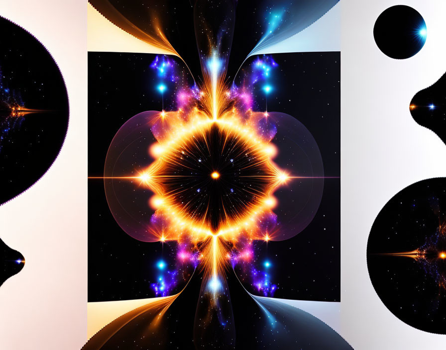 Symmetrical abstract cosmic image with vibrant colors and starry backgrounds