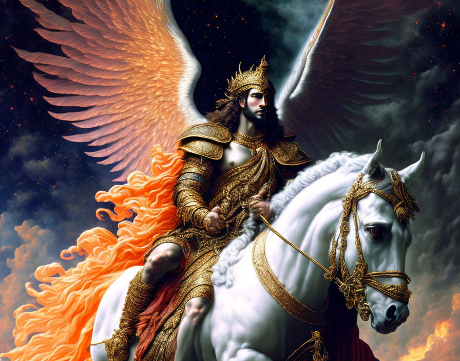 Majestic winged warrior in elaborate armor riding white horse amid swirling clouds and fire