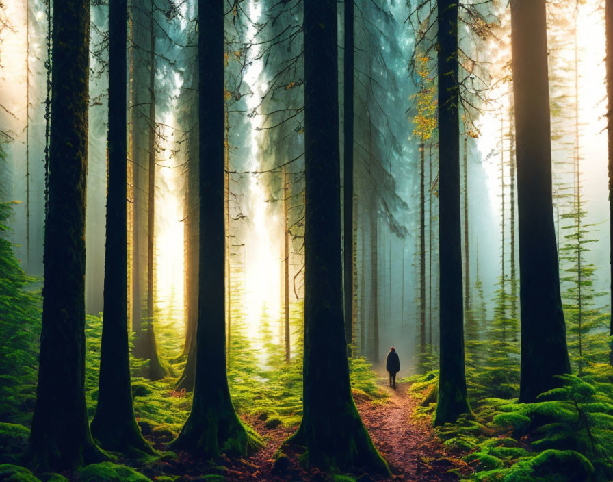 Lush forest scene with person walking among tall trees