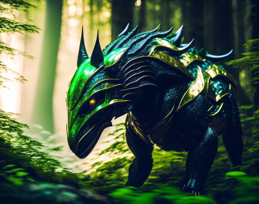 Mechanical dragon art: green and black armor in misty forest