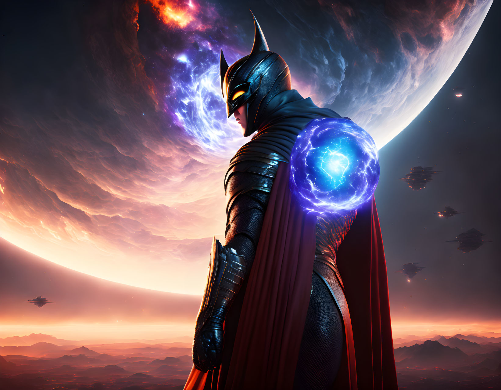 Superhero in Bat-Themed Costume with Glowing Orb in Alien Sunset Scene