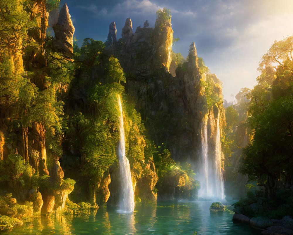 Tranquil landscape with sunlit waterfall and turquoise lake