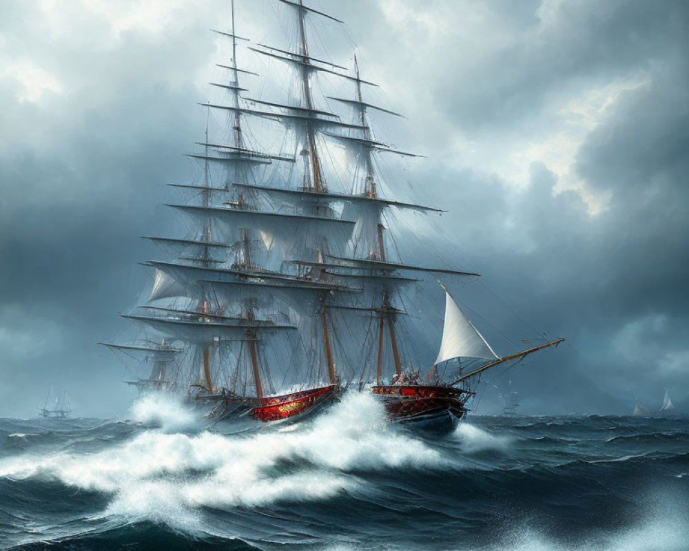 Tall Ship Sailing Through Rough Ocean Waves