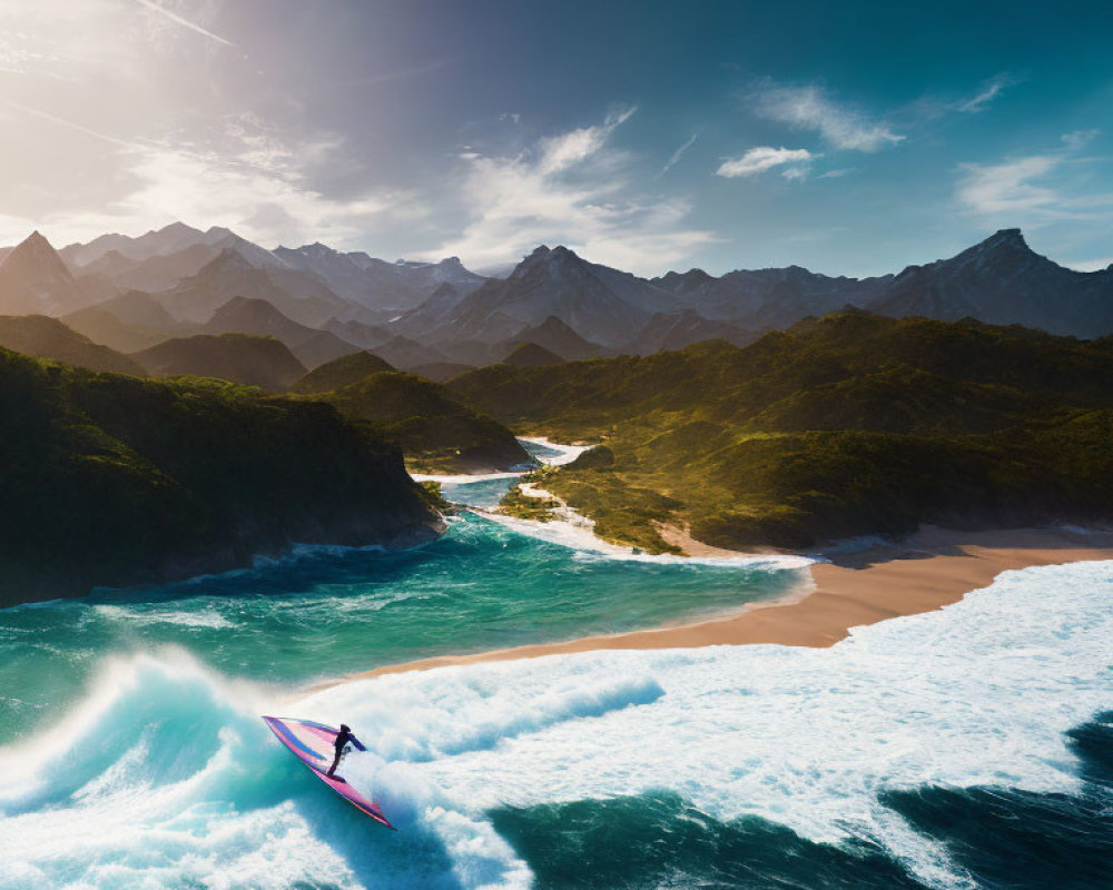 Surfer riding large wave near rugged coastline with mountains under sunny sky