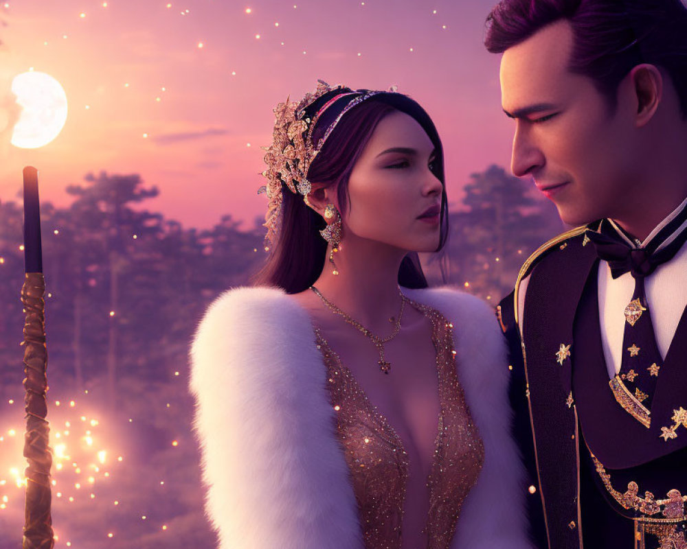 Illustrated elegant couple in crown and military-style jacket under starry sky