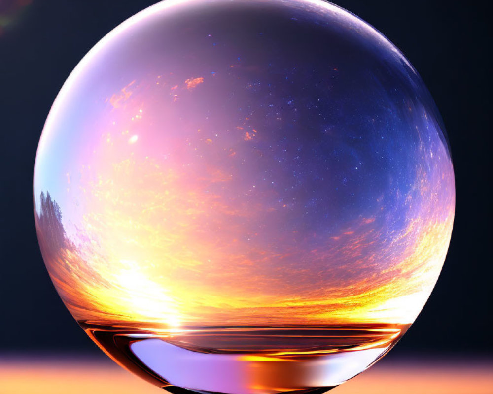 Crystal Ball Sunset Reflection Landscape Stars Dark Background