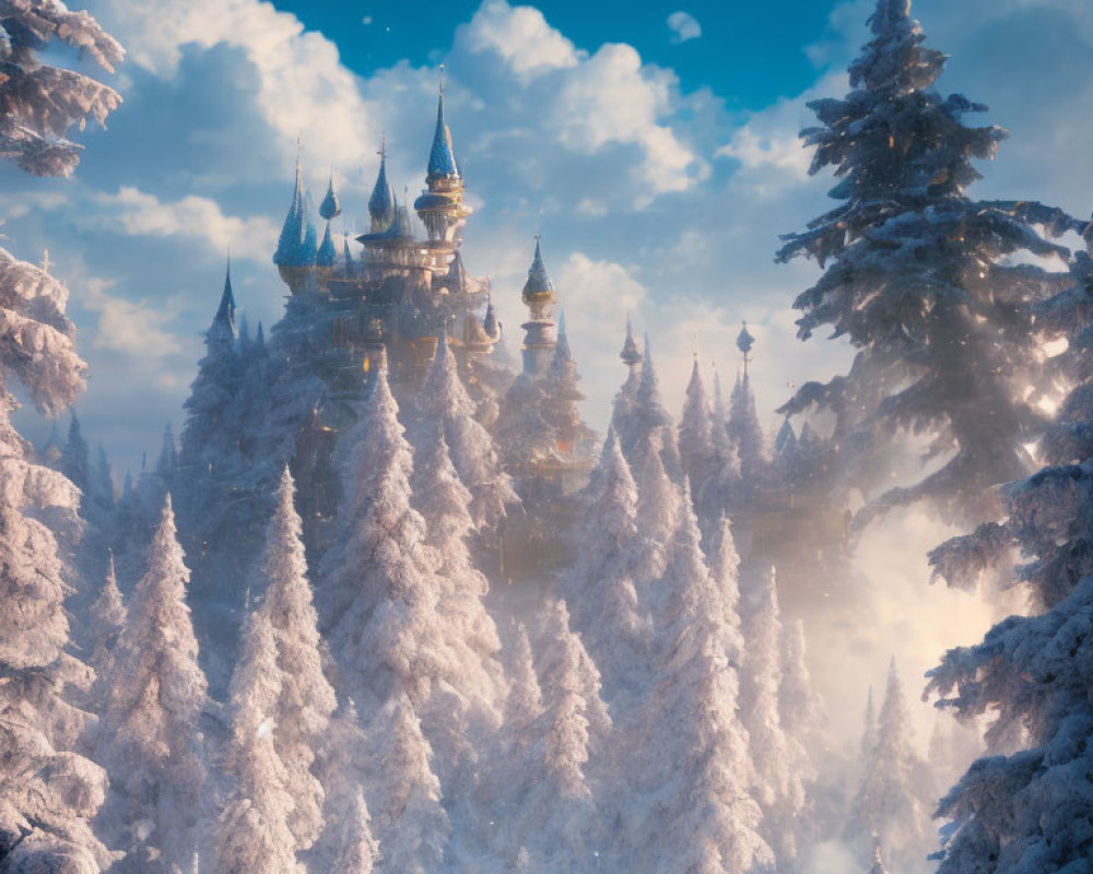 Fantastical castle on misty peak with snow-covered pine trees