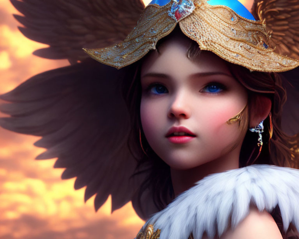 Digital Artwork: Girl with Angel Wings and Blue Hat on Soft Background