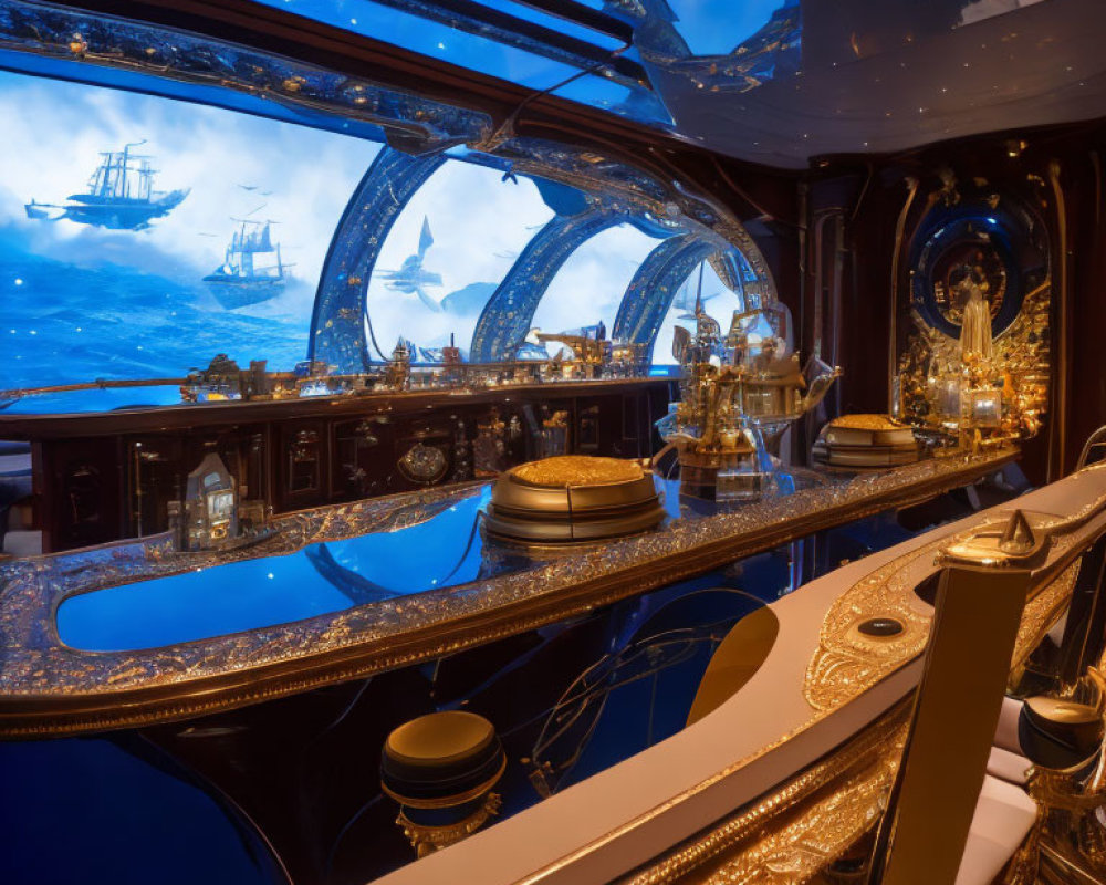 Opulent Interior with Gold Detailing and Undersea-Themed Paintings