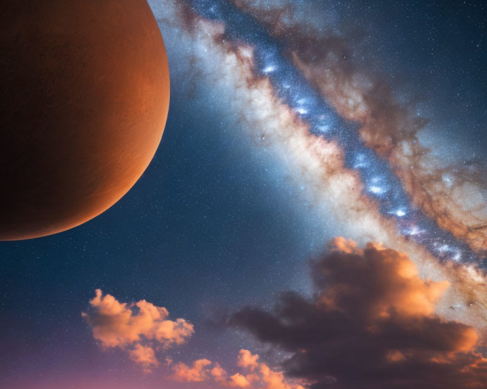 Large Orange Planet Rising Against Starry Sky and Milky Way Galaxy