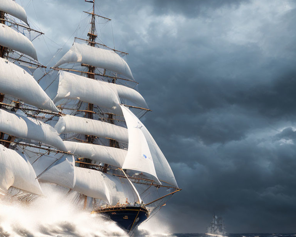 Tall Ship with Full Sails Sailing Choppy Seas under Brooding Skies