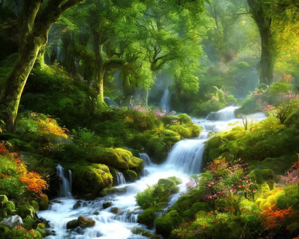 Tranquil Forest Scene with Greenery and Cascading Stream