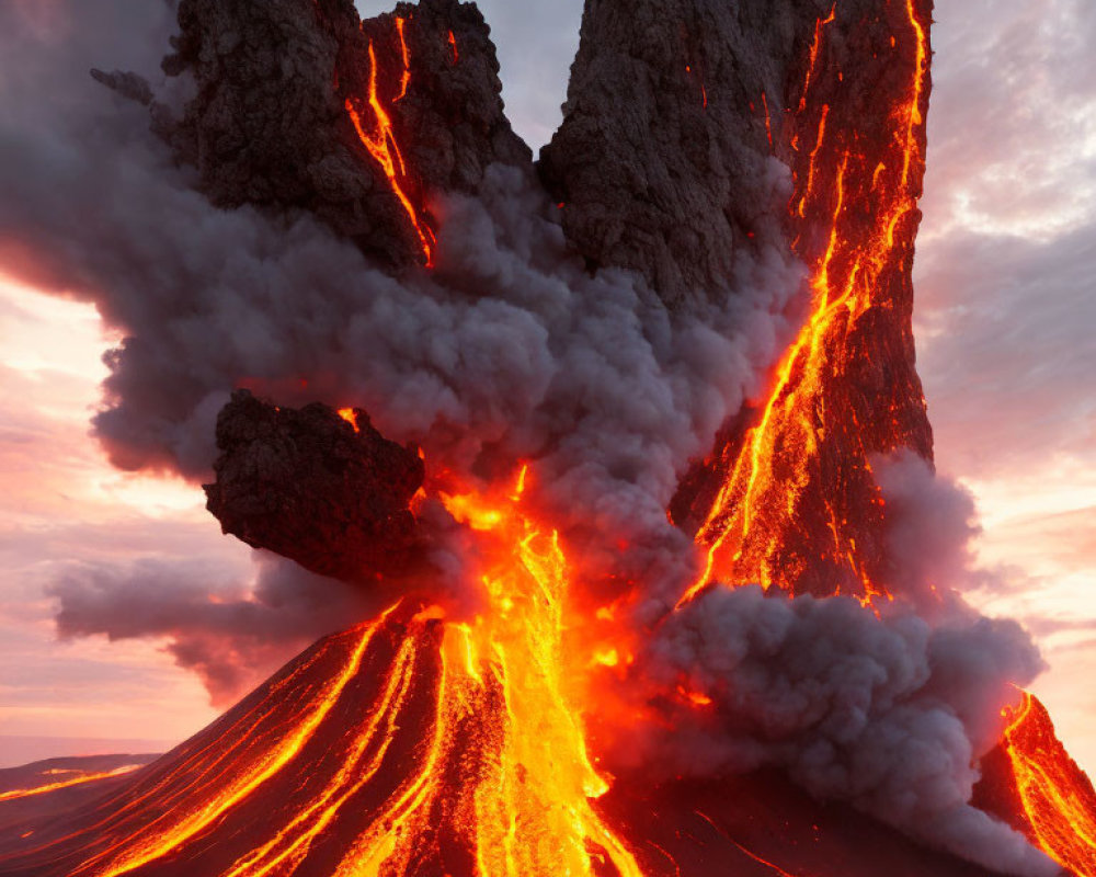 Glowing lava flow and dark smoke in dramatic twilight scene