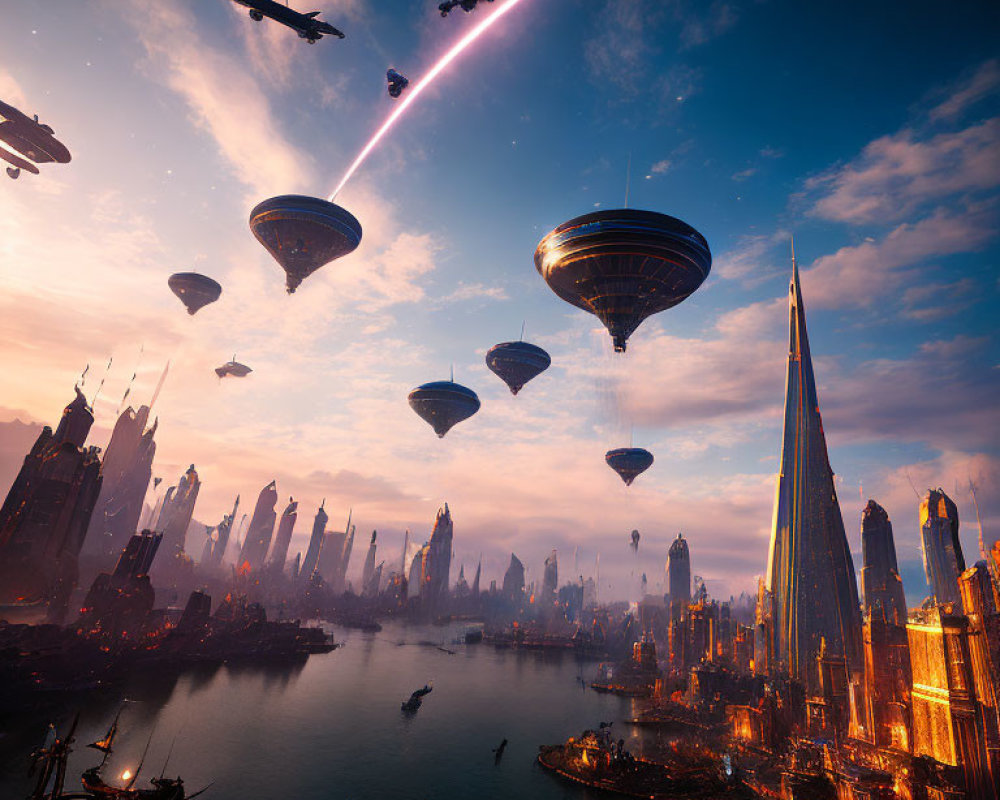 Futuristic cityscape at sunset with flying vehicles and towering spires