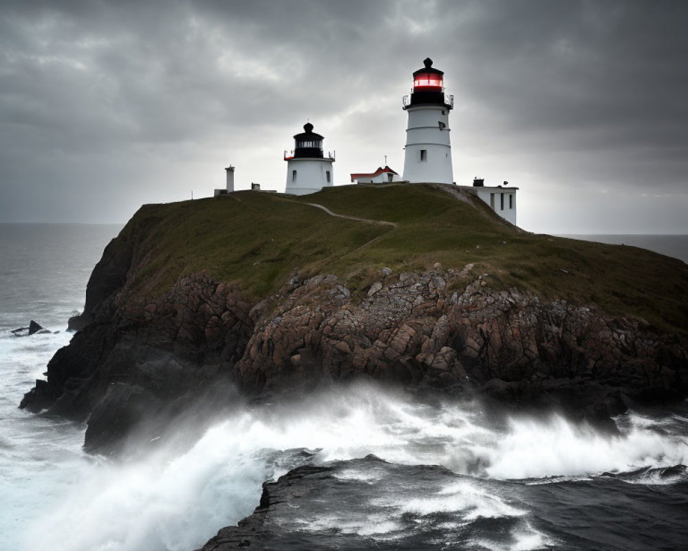 Moody sky over rugged coastline with lighthouse