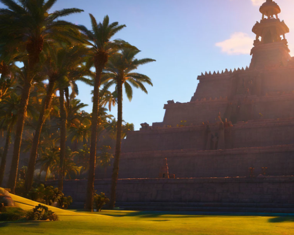 Ancient temple with ornate spires in lush palm tree setting at sunset