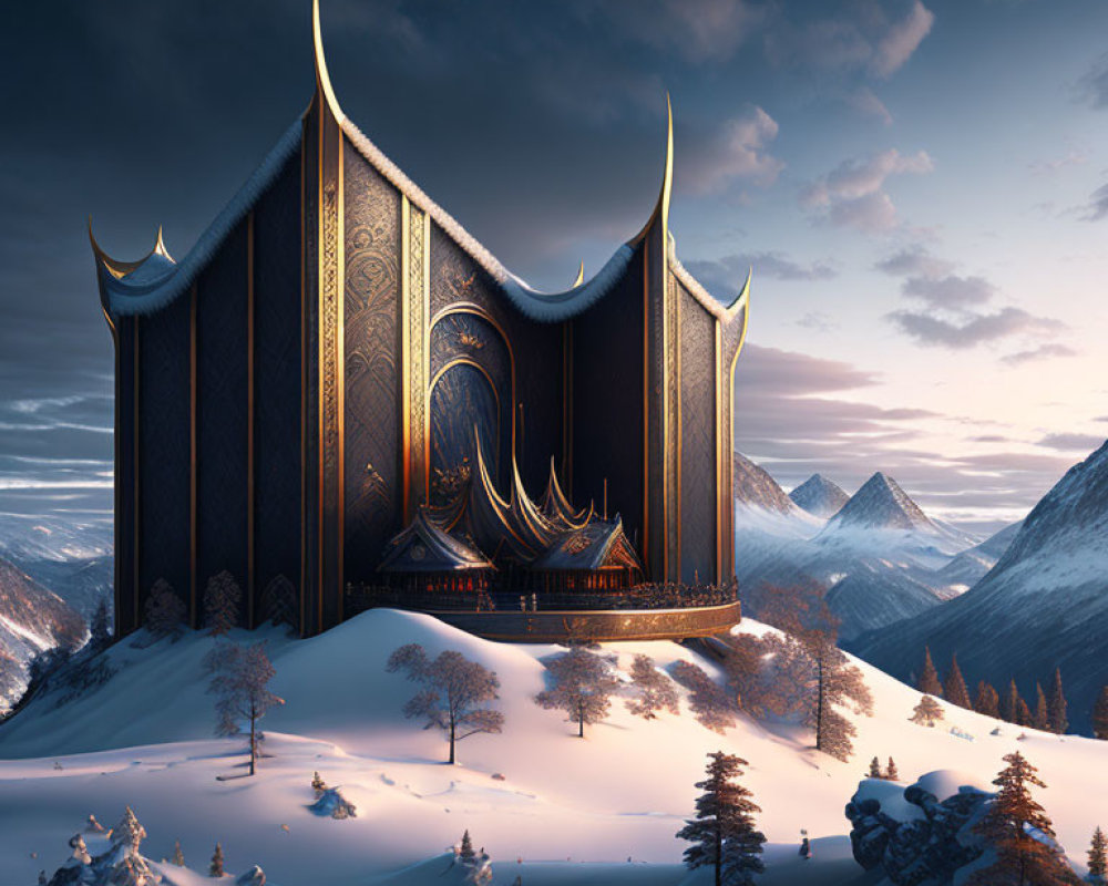 Ornate building with spires in snowy mountain twilight