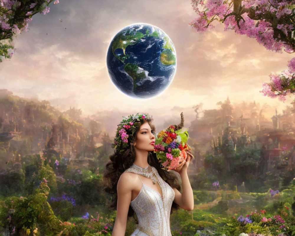 Woman in white dress with floral wreath in enchanted forest holding colorful bouquet and gazing at floating earth