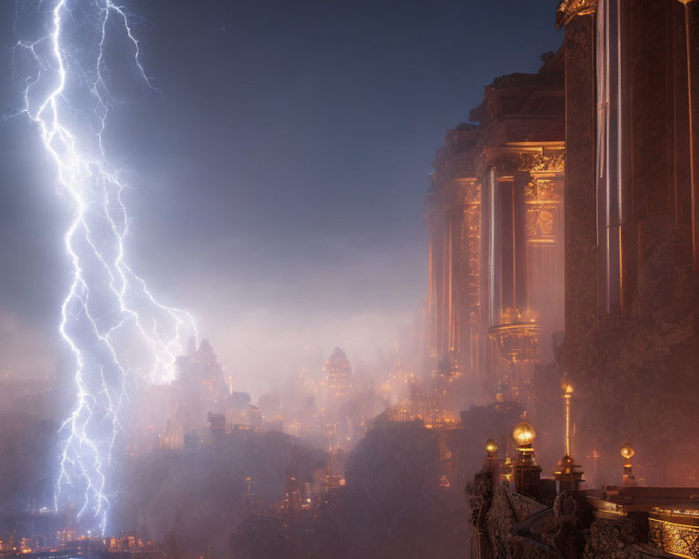 Lightning bolt strikes near classical structure in foggy cityscape