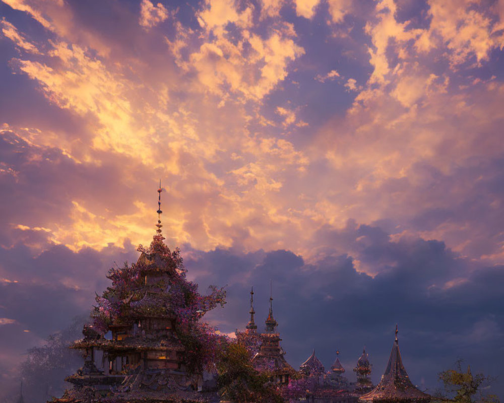 Traditional Temple with Multiple Tiers and Golden Clouds at Dusk