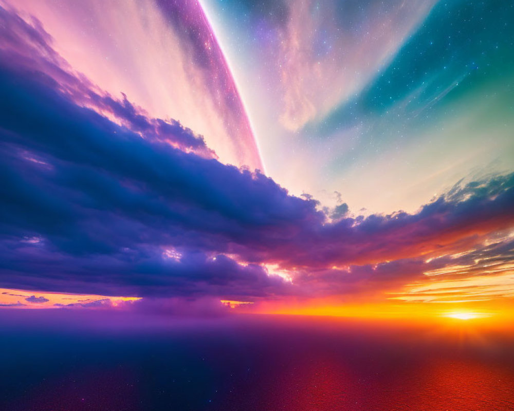 Colorful Northern Lights and shooting stars over serene sunset horizon.