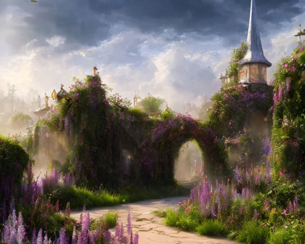 Enchanting garden scene with stone path, ivy archway, fairytale tower, and