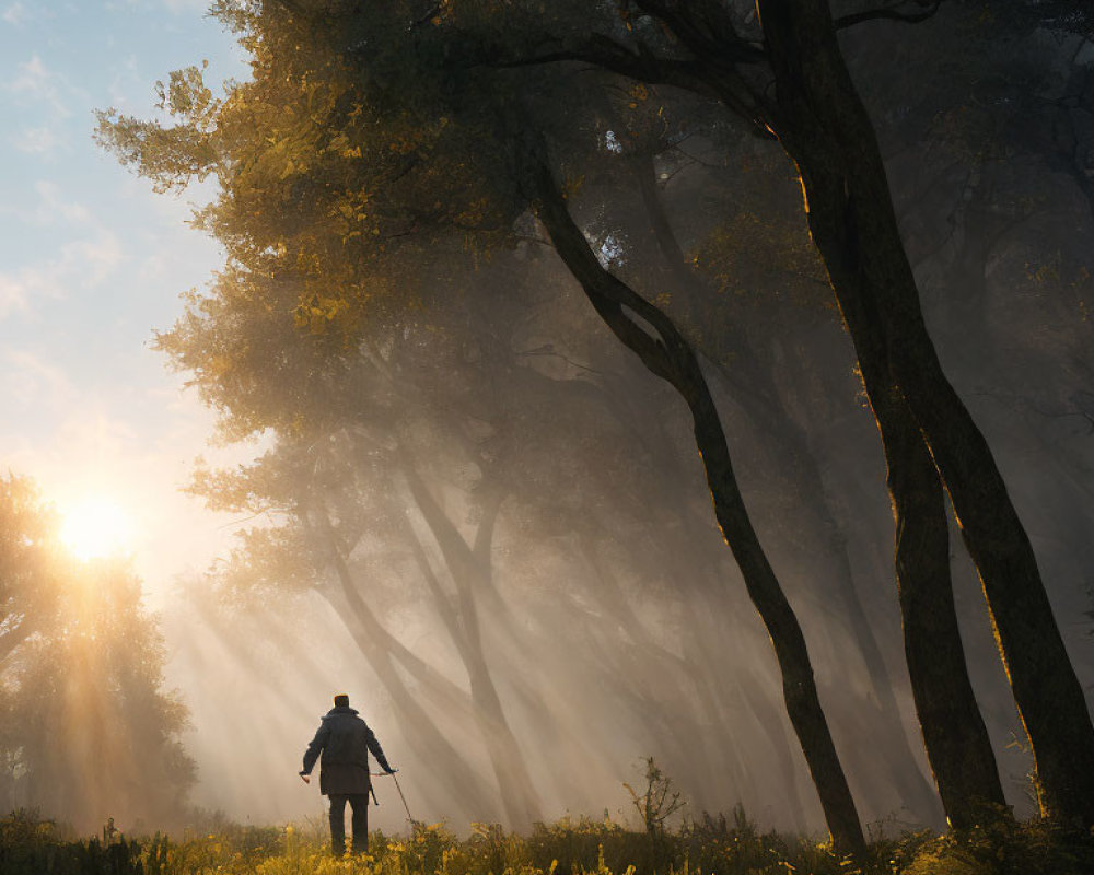 Sunlit forest with rays of sunlight, mist, and tall grass