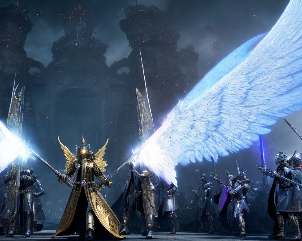 Armored warriors with swords and majestic figure with glowing wings in gothic setting