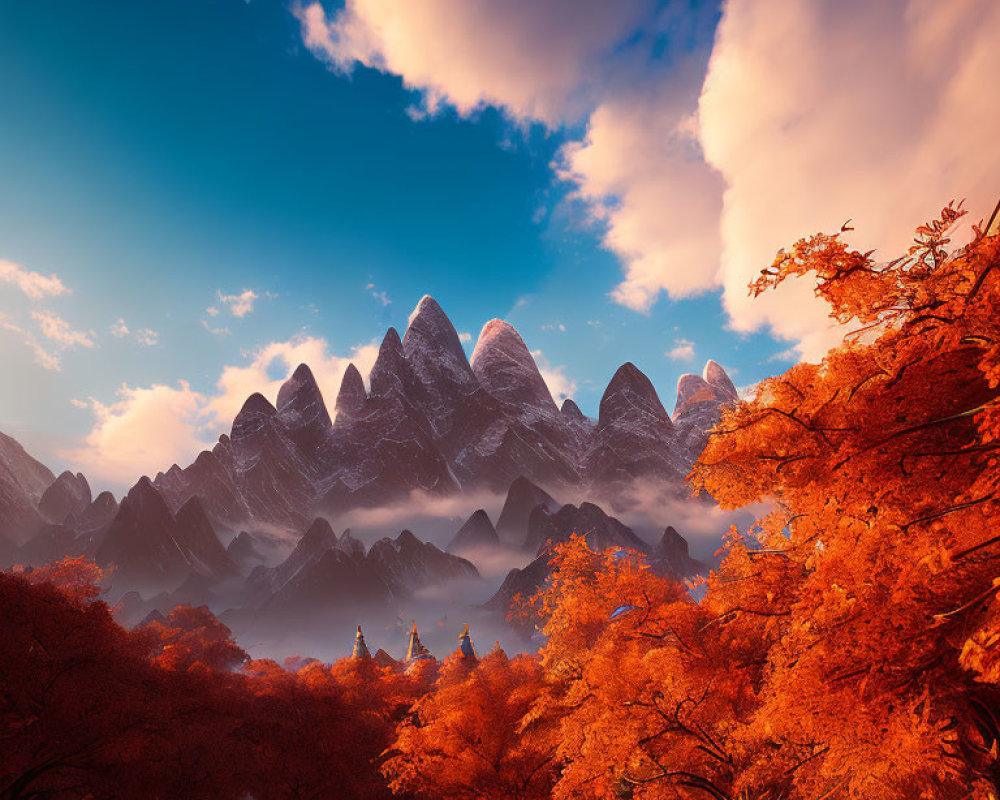 Autumn landscape with red trees, misty mountains, and orange sky