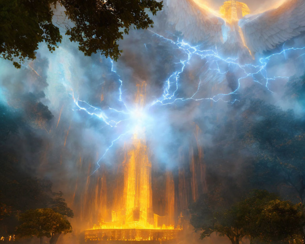 Giant glowing angelic figure at cathedral with lightning-filled skies