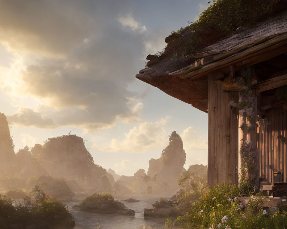 Serene river and old wooden hut among towering rocks under hazy sky