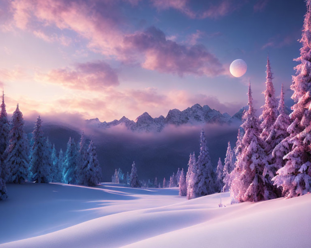 Snowy Landscape at Dusk: Full Moon, Pink Clouds, Mountain Range