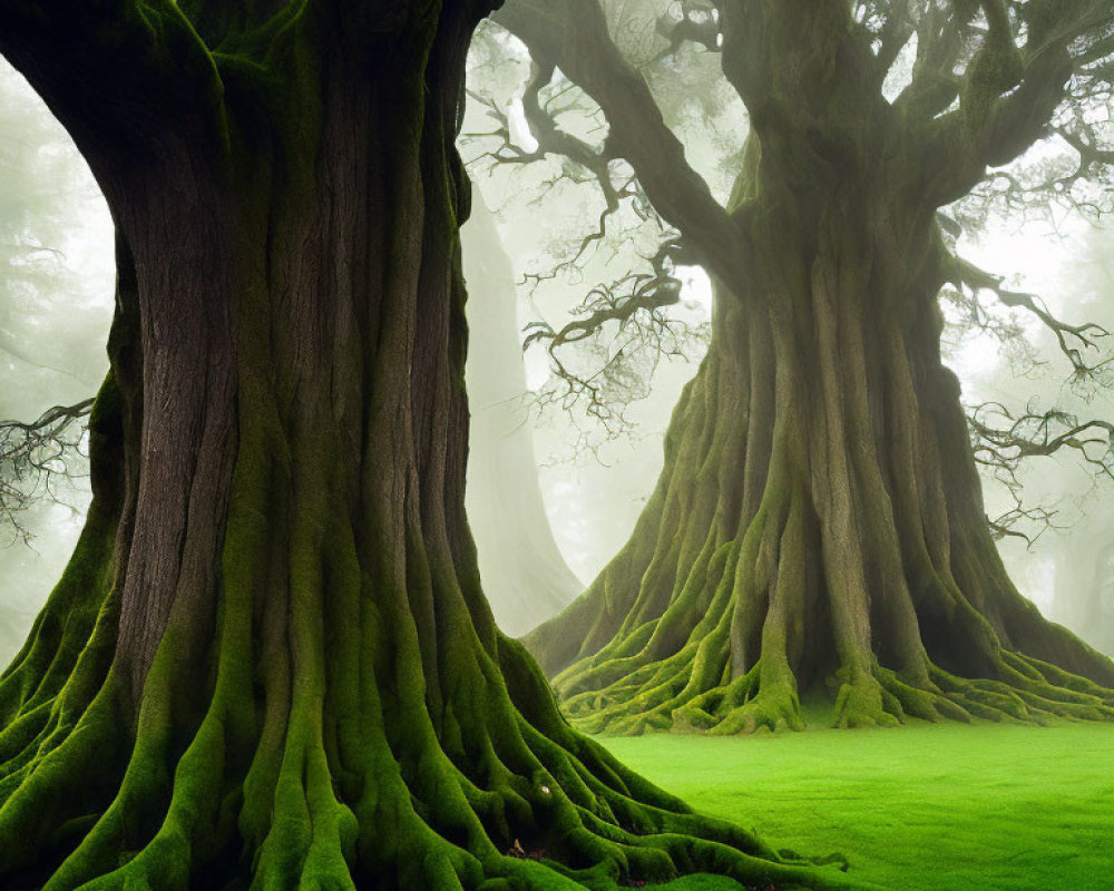 Misty enchanted forest with ancient moss-covered trees