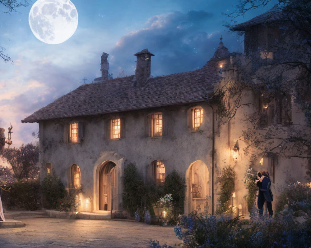 Couple embracing outside old-fashioned house under full moon.