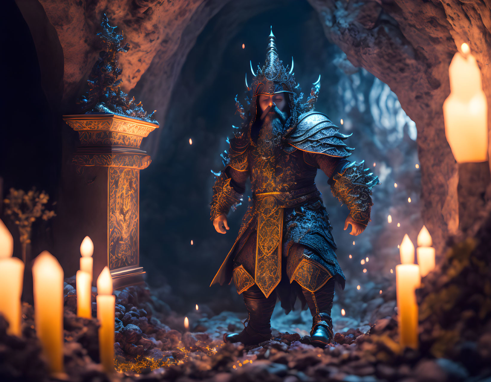 Fantasy warrior in ornate armor in candlelit cave with ancient pedestal and mysterious glow