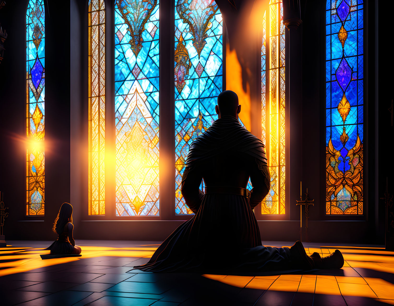 Warrior in traditional armor kneeling before cross in chapel with stained glass windows