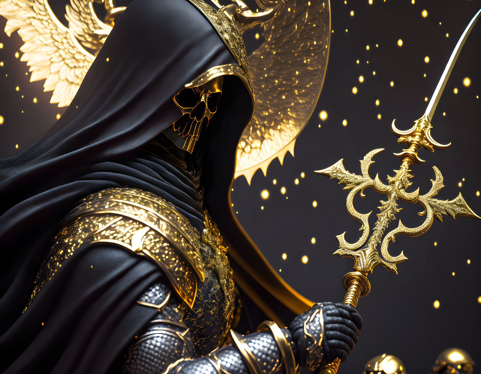 Detailed Artwork: Cloaked Figure with Skull Face, Golden Armor, Halo, Staff, Golden Or