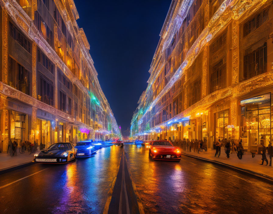 Vibrant urban night scene with festive lights, cars, and pedestrians