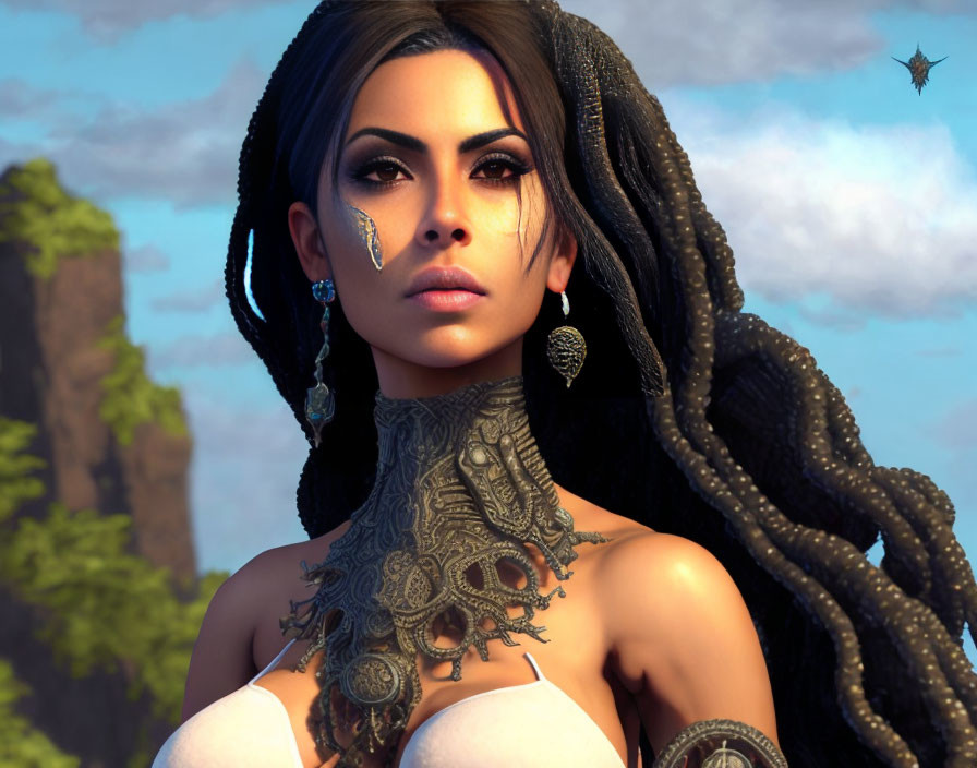 Digital artwork of woman with intricate jewelry, braided hair, and neck tattoo in nature.