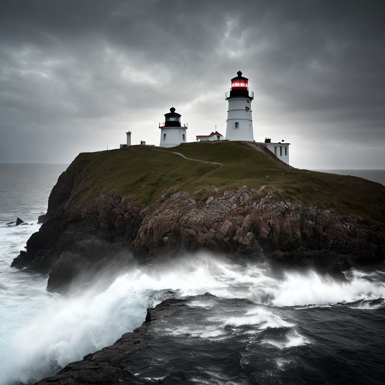 Moody sky over rugged coastline with lighthouse