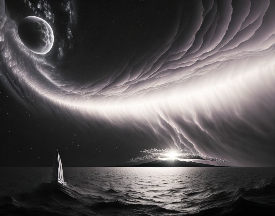 Sailboat on wavy sea under surreal night sky