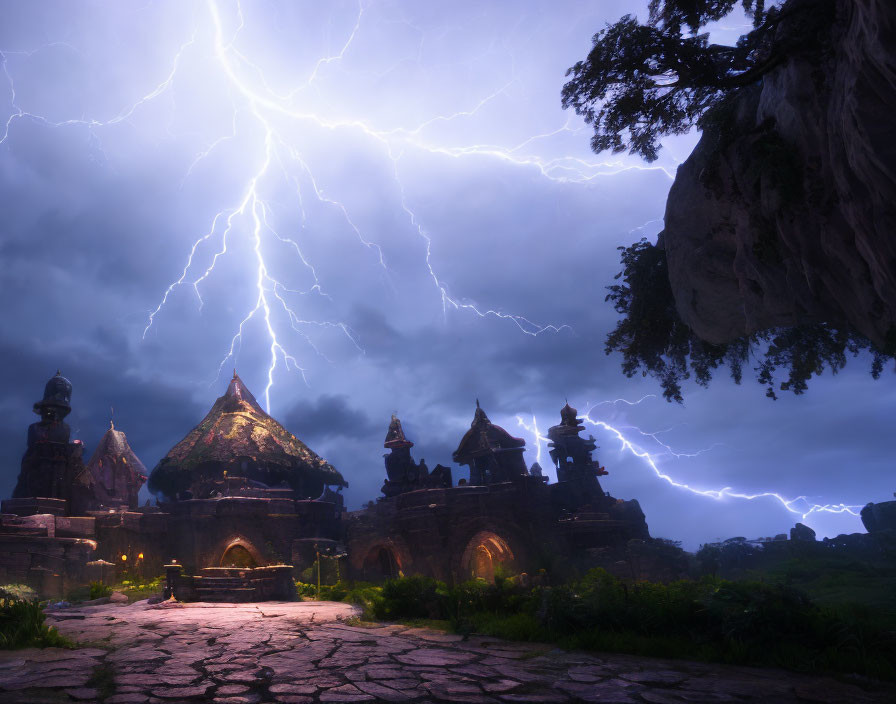 Intense lightning illuminates ancient temples under stormy sky